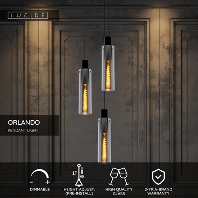 Lucide ORLANDO - Pendant light - Ø 32 cm - 3xE27 - Smoke Grey